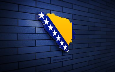 mappa della bosnia ed erzegovina, 4k, muro di mattoni blu, paesi europei, sagoma mappa della bosnia ed erzegovina, bandiera della bosnia ed erzegovina, europa, mappa bosniaca, bandiera bosniaca, mappa 3d della bosnia ed erzegovina