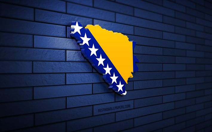 mapa de bosnia y herzegovina, 4k, pared de ladrillo azul, pa&#237;ses europeos, silueta del mapa de bosnia y herzegovina, bandera de bosnia y herzegovina, europa, mapa de bosnia, bandera de bosnia, mapa 3d de bosnia y herzegovina