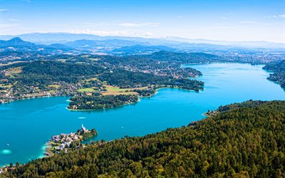 le lac worthersee, 4k, l autrichien monuments, l &#233;t&#233;, la belle nature, l europe, l autriche, le worthersee