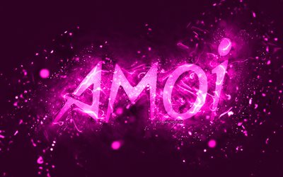 amoi mor logo, 4k, mor neon ışıklar, yaratıcı, mor soyut arka plan, amoi logo, markalar, amoi