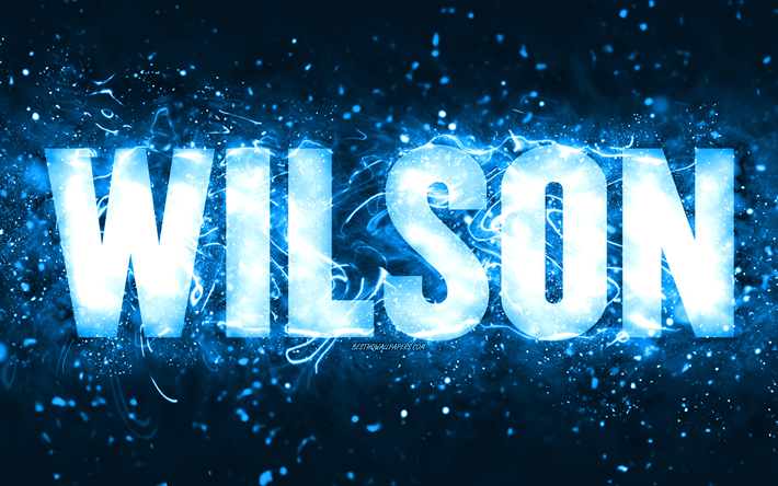 feliz anivers&#225;rio wilson, 4k, luzes de neon azuis, wilson nome, criativo, wilson feliz anivers&#225;rio, wilson anivers&#225;rio, nomes masculinos americanos populares, imagem com wilson nome, wilson