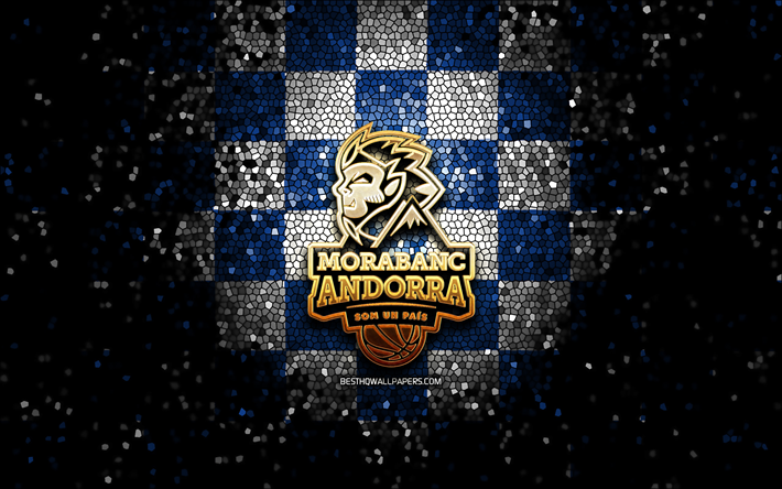 bc morabanc andorra, glitzerlogo, acb, blau-wei&#223; karierter hintergrund, spanisches basketballteam, morabanc andorra-logo, mosaikkunst, basketball, bc andorra