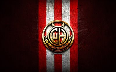 union huaral fc, squadra di calcio peruviana, logo dorato, liga 1 apertura, sfondo in metallo rosso, logo dell union huaral, cs union huaral, club sport union huaral