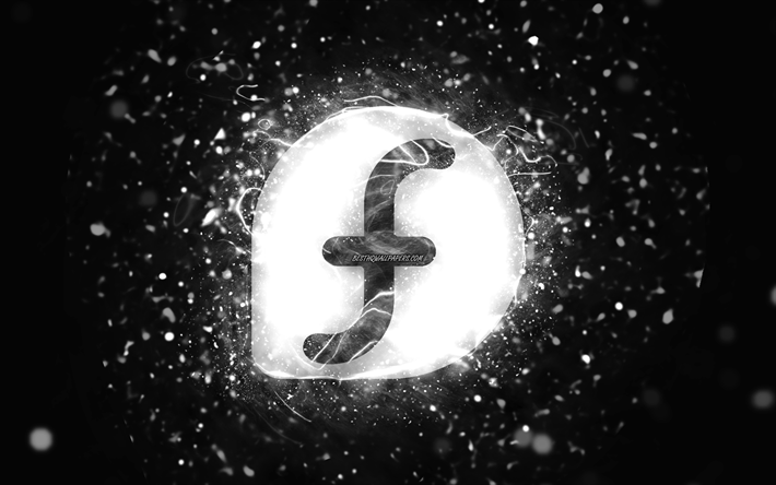 logotipo blanco de fedora, 4k, luces de ne&#243;n blancas, creativo, fondo abstracto negro, logotipo de fedora, linux, fedora