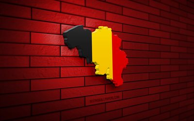 mappa del belgio, 4k, muro di mattoni rossi, paesi europei, sagoma della mappa del belgio, bandiera del belgio, europa, belgio, mappa 3d del belgio