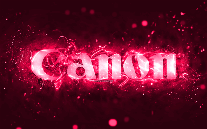 Canon pink logo, 4k, pink neon lights, creative, pink abstract background, Canon logo, brands, Canon