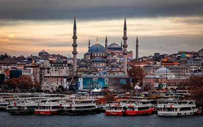 mosqu&#233;e bleue, istanbul, soir&#233;e, coucher de soleil, mosqu&#233;e, paysage urbain d istanbul, mosqu&#233;es d istanbul, turquie