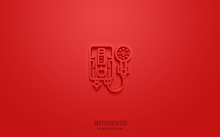 calentador de agua icono 3d, fondo rojo, s&#237;mbolos 3d, calentador de agua, iconos de hotel, iconos 3d, se&#241;al de calentador de agua, iconos 3d de hotel