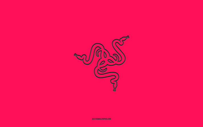 Razer logo, 4k, pink gradient background, Razer carbon logo, pink background, Razer, Razer emblem