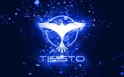 Tiesto dark blue logo, 4k, Dutch DJs, dark blue neon lights, creative, dark blue abstract background, DJ Tiesto logo, Tijs Michiel Verwest, Tiesto logo, music stars, DJ Tiesto