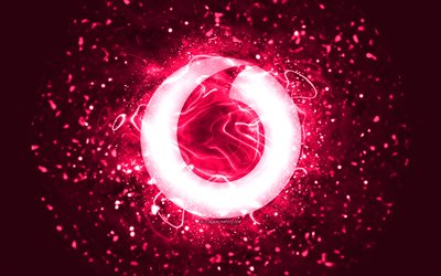 شعار فودافون الوردي, 4k, أضواء النيون الوردي, خلاق, خلفية مجردة الوردي, شعار فودافون, العلامات التجارية, فودافون
