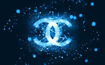 شعار شانيل الأزرق, 4k, أضواء النيون الزرقاء, خلاق, جرد، الخلفية الزرقاء, شعار شانيل, ماركات الأزياء, شانيل