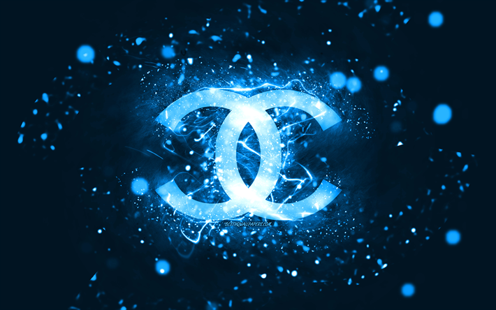 chanelin sininen logo, 4k, siniset neonvalot, luova, sininen abstrakti tausta, chanel-logo, muotimerkit, chanel