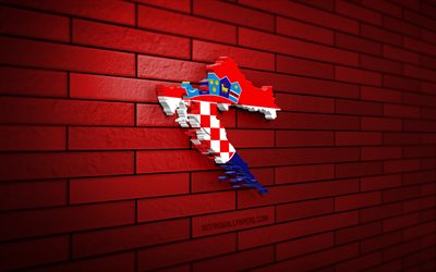 クロアチアの地図, 4k, 赤レンガの壁, ヨーロッパ諸国, クロアチアの地図のシルエット, クロアチアの旗, ヨーロッパ, クロアチア, クロアチアの3dマップ