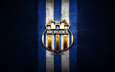 Rudes FC, golden logo, HNL, blue metal background, football, croatian football club, NK Rudes logo, soccer, NK Rudes
