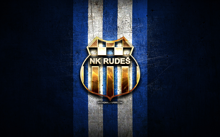 rudes fc, logo dorato, hnl, sfondo di metallo blu, calcio, squadra di calcio croata, logo nk rudes, nk rudes