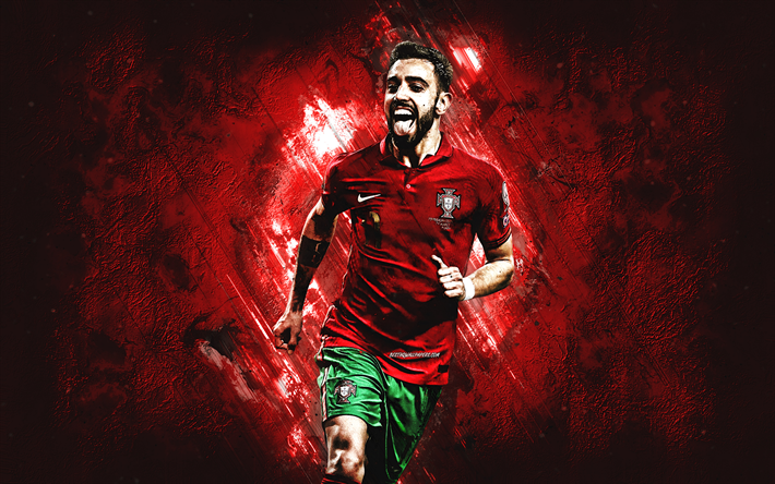Bruno Fernandes, Portugal national football team, Portuguese footballer, midfielder, red stone background, football, Portugal