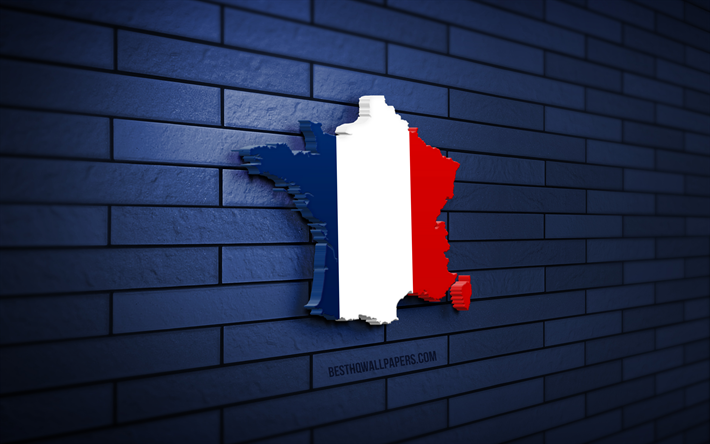 mappa della francia, 4k, muro di mattoni blu, paesi europei, sagoma della mappa della francia, bandiera della francia, europa, mappa francese, bandiera francese, francia, mappa francese 3d