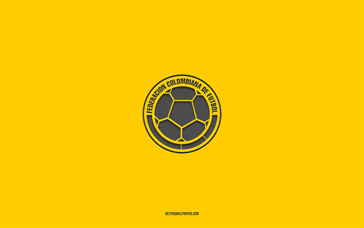 Colombia national football team, yellow background, football team, emblem, CONMEBOL, Colombia, football, Colombia national football team logo, South America