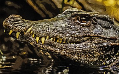crocodilo, 4k, arte vetorial, desenho de crocodilo, arte criativa, arte de crocodilo, desenho vetorial, animais abstratos, jacar&#233;