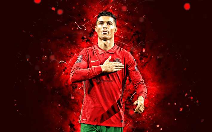 Cristiano Ronaldo, 2022, Portugal National Team, 4k, football stars, red neon lights, soccer, footballers, Portuguese football team, CR7, Cristiano Ronaldo 4K