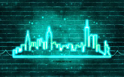 New York turquoise neon silhouette, 4k, turquoise neon lights, New York skyline silhouette, turquoise brickwall, american cities, neon skyline silhouettes, USA, New York silhouette, New York, NYC