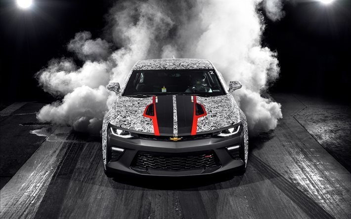 Chevrolet Camaro SS, smoke, 2017 cars, drift, supercars, Chevrolet