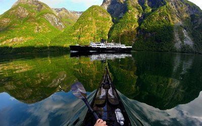 Norway, kayak, mountains, fjord, ship, extreme