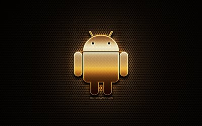 Android glitter logo, OS, metal grid background, Android 3D logo, brands, Android
