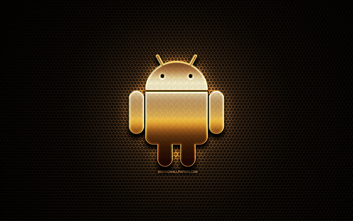 Android glitter logotipo, OS, grelha para plano de fundo, Android logo 3D, marcas, Android
