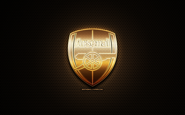 Arsenal FC, glitter logo, Premier League, english football club, metal grid background, Arsenal glitter logo, football, soccer, Arsenal, England