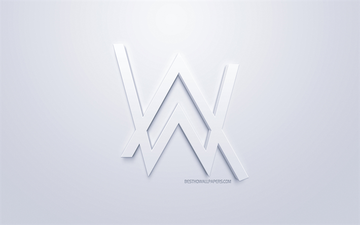 Alan Walker, logo, tyylik&#228;s taidetta, Norjalainen DJ, valkoinen 3D-logo, valkoinen tausta