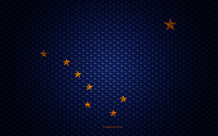 Flag i Alaska, 4k, Amerikanska staten, kreativ konst, metalln&#228;t konsistens, Alaska flagga, nationell symbol, Alaska, USA, flags of American states