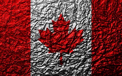 Flag of Canada, 4k, stone texture, waves texture, Canadian flag, national symbol, Canada, North America, stone background