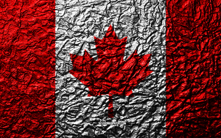 Flag of Canada, 4k, stone texture, waves texture, Canadian flag, national symbol, Canada, North America, stone background