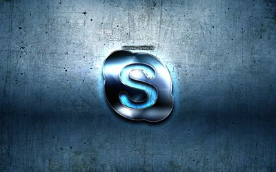 Skype metal logo, blue metal background, artwork, Skype, brands, Skype 3D logo, creative, Skype logo