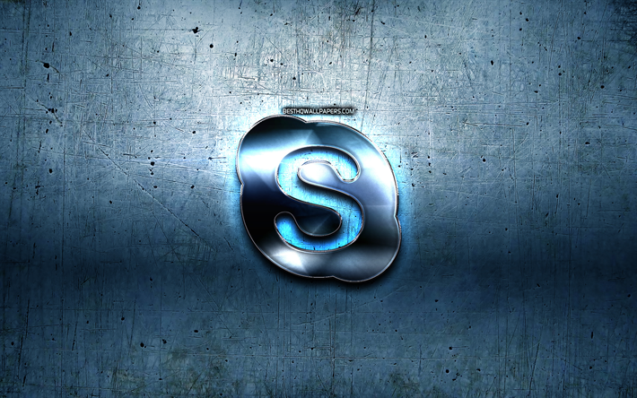 Skype in metallo con logo, blu metallo, sfondo, arte, Skype, marche, Skype logo 3D, creativo, il logo di Skype