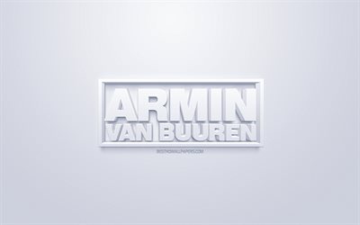 Armin van Buuren, logo, Dutch DJ, white 3D logo, emblem, white background, popular DJ