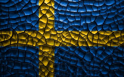 旗のスウェーデン, 4k, ひび割れの土, 欧州, スウェーデンのフラグ, 3Dアート, スウェーデン, 欧州諸国, 国立記号, スウェーデンの3Dフラグ