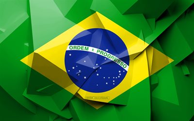 4k, Flag of Brazil, geometric art, South American countries, Brazilian flag, creative, Brazil, South America, Brazil 3D flag, national symbols