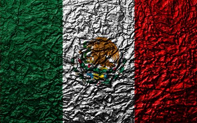 Flag of Mexico, 4k, stone texture, waves texture, Mexican flag, national symbol, Mexico, North America, stone background