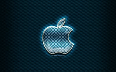 Apple glass logo, blue background, artwork, Apple, brands, Apple rhombic logo, creative, Apple logo