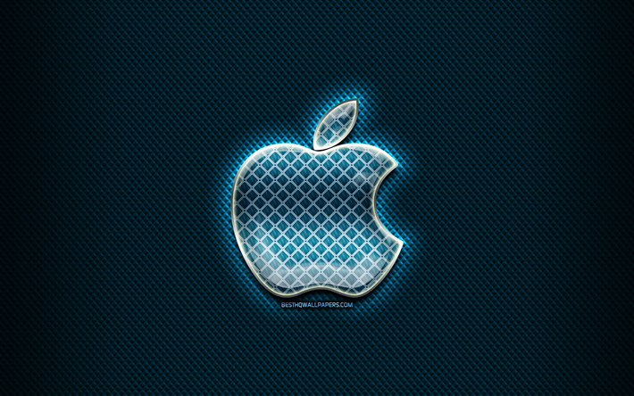 Apple logo di vetro, sfondo blu, illustrazione, Mela, marche, Apple rombico logo, creative, il logo Apple