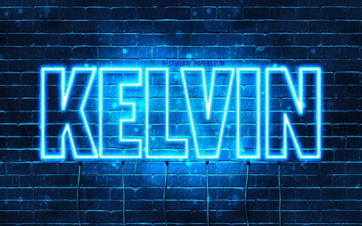 Kelvin, 4k, fondos de pantalla con los nombres, el texto horizontal, Kelvin nombre, Feliz Cumplea&#241;os Kelvin, luces azules de ne&#243;n, de la imagen con el nombre Kelvin