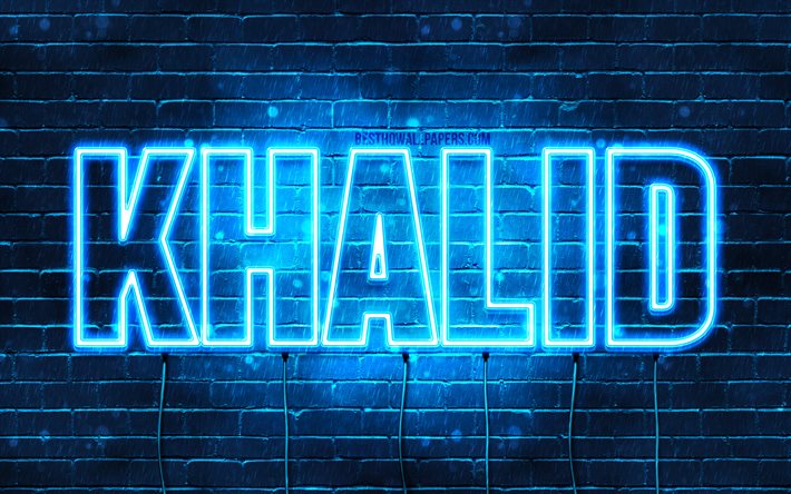 Khalid, 4k, fondos de pantalla con los nombres, el texto horizontal, Khalid nombre, Feliz Cumplea&#241;os Khalid, luces azules de ne&#243;n, imagen con Khalid nombre
