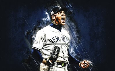 Aroldis Chapman, New York Yankees, MLB, ritratto, giocatore di baseball americano, pietra blu di sfondo, USA, baseball, Major League di Baseball