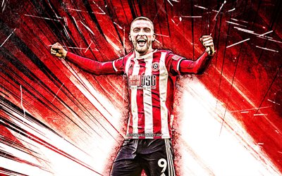 4K, Oliver McBurnie, grunge art, Sheffield United FC, Premier League, English footballers, Oliver Robert McBurnie, red abstract rays, soccer, football, Oliver McBurnie Sheffield United