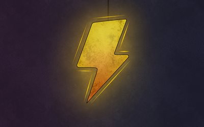 lightning, grunge art, yellow glowing lightning, art, electricity creative sign, lightning sign