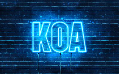 Koa, 4k, les papiers peints avec les noms, le texte horizontal, Koa nom, Joyeux Anniversaire Koa, bleu n&#233;on, photo avec Koa nom