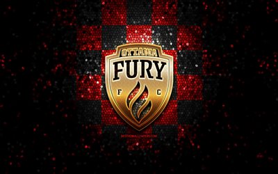 Ottawa Fury FC, glitter logotipo, USL, vermelho preto fundo quadriculado, EUA, time de futebol americano, Ottawa F&#250;ria, United Soccer League, Ottawa F&#250;ria logotipo, arte em mosaico, futebol, Am&#233;rica